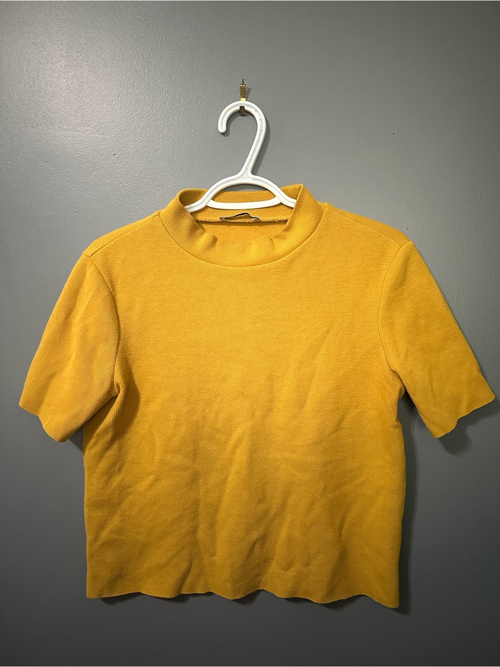 Zara Mustard Ribbed Mock Neck Short Sleeve Top